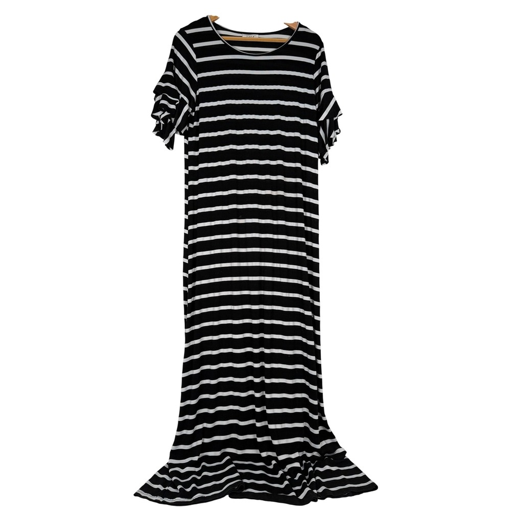 Exist Black White Striped Maxi Dress XL Ruffle Short Sleeve LMD8470 Jersey Knit‎